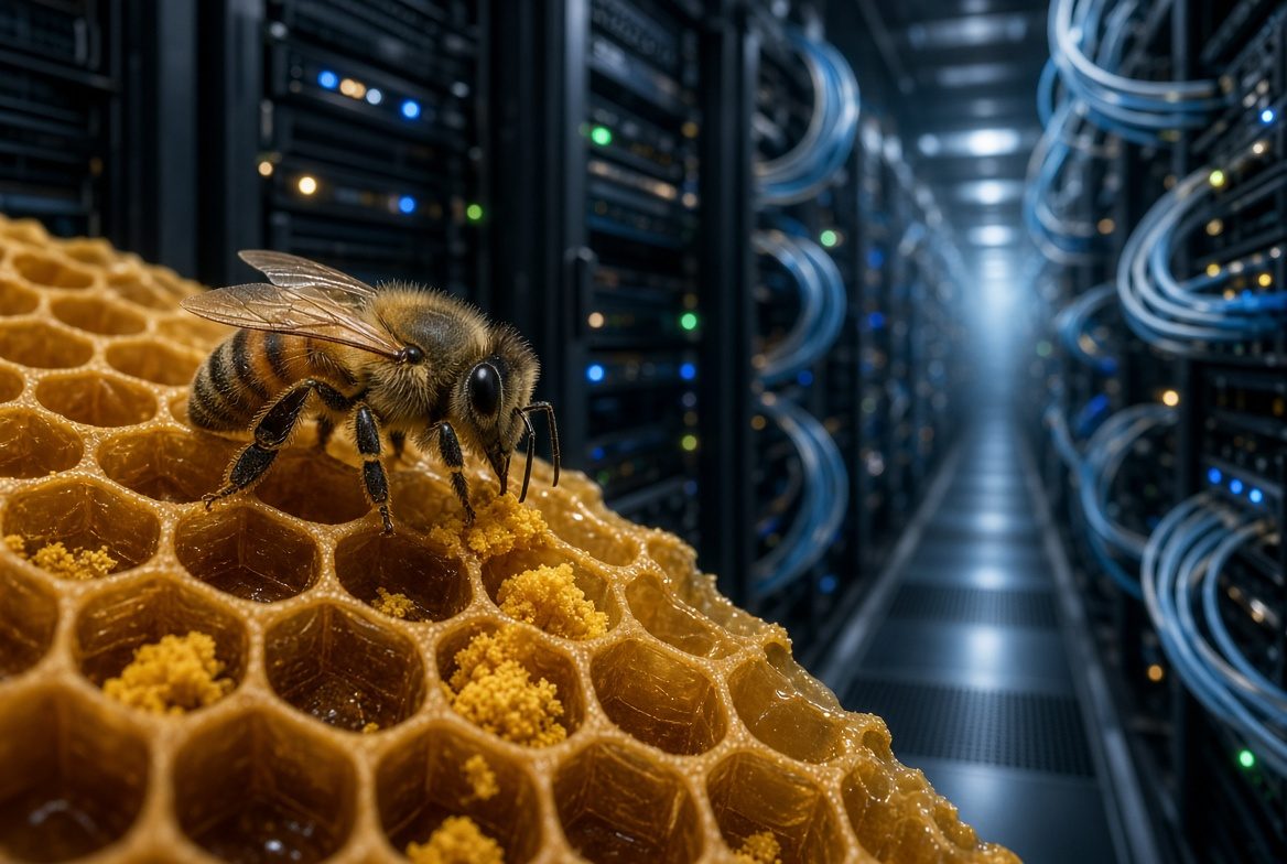 A honeybee standing on honeycomb, with the corridor of a data centre receding behind it.